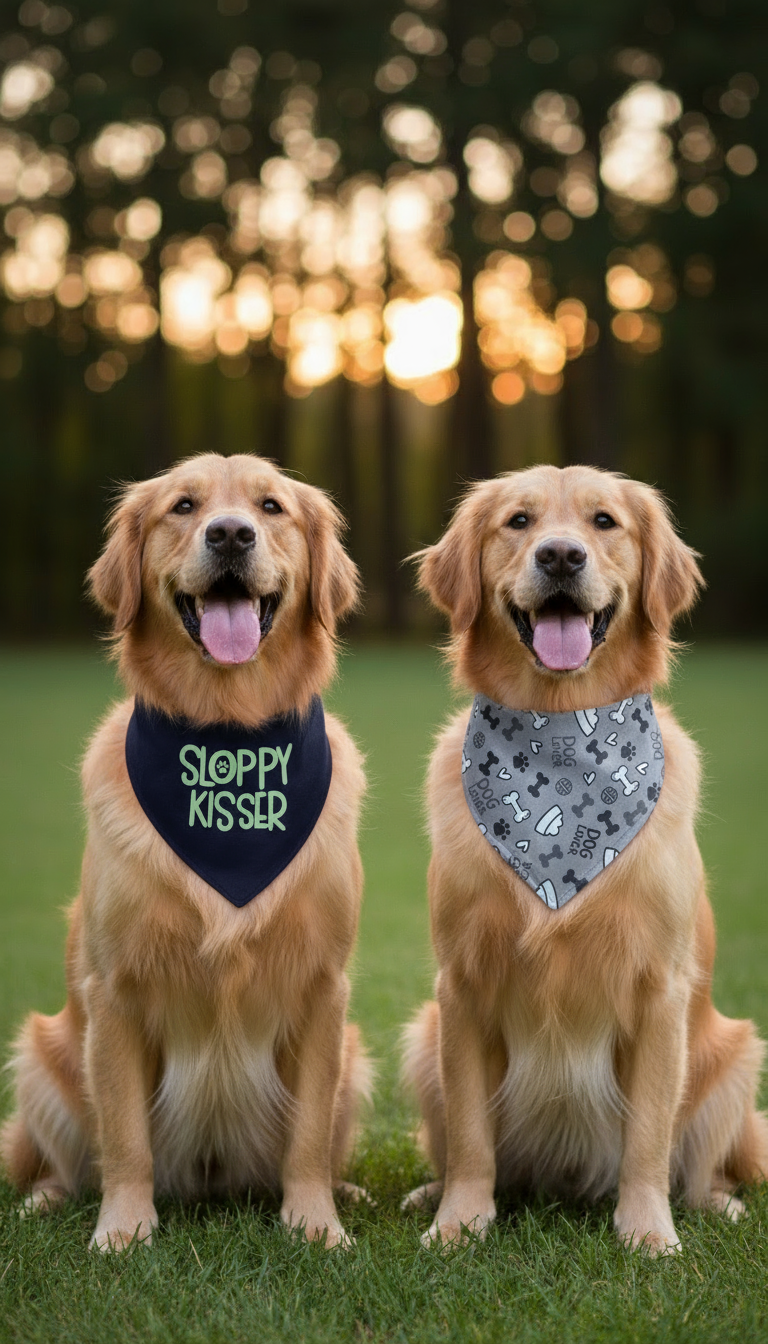 Golden retrievers with navy and gray bandanas