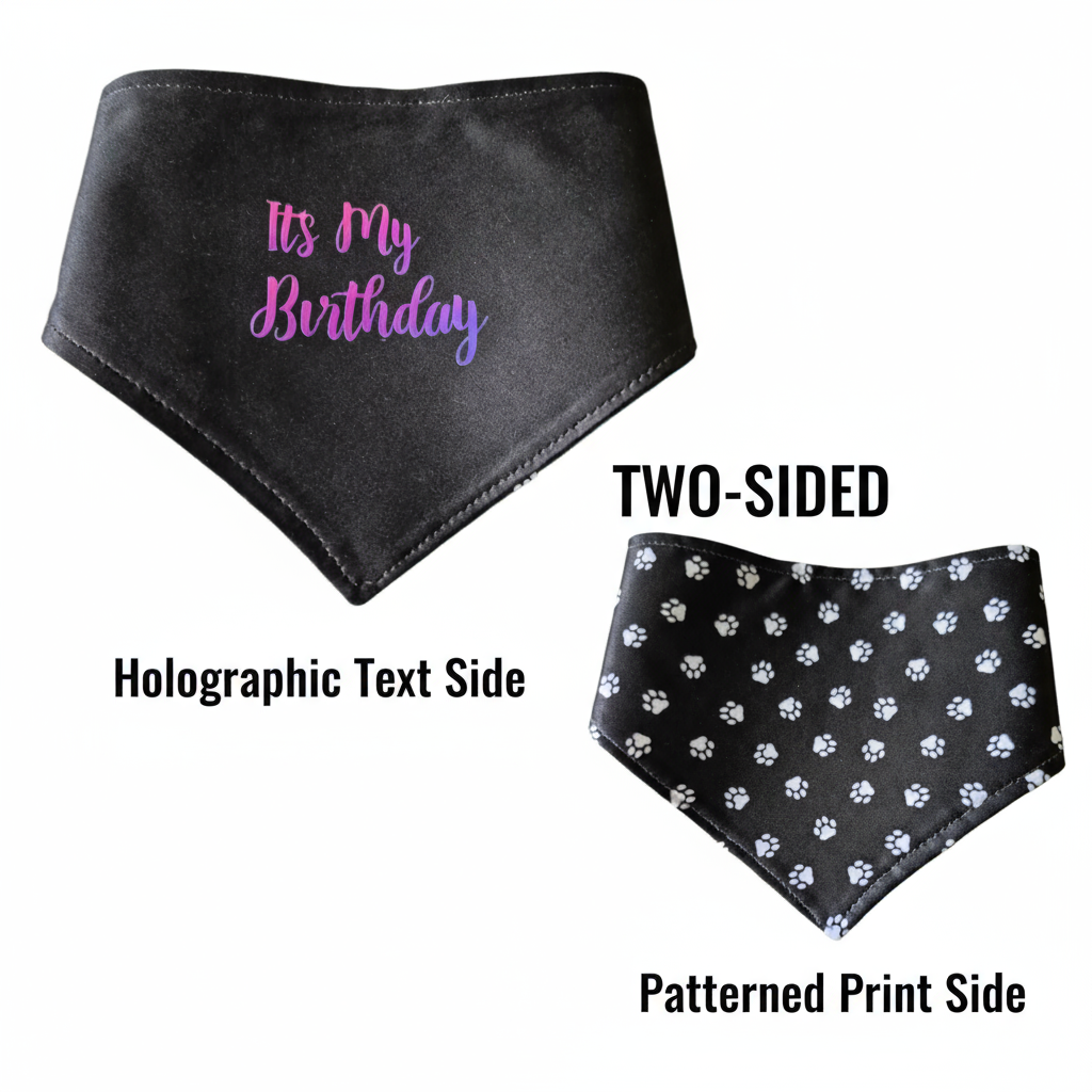 Two-sided black birthday bandana with text labels