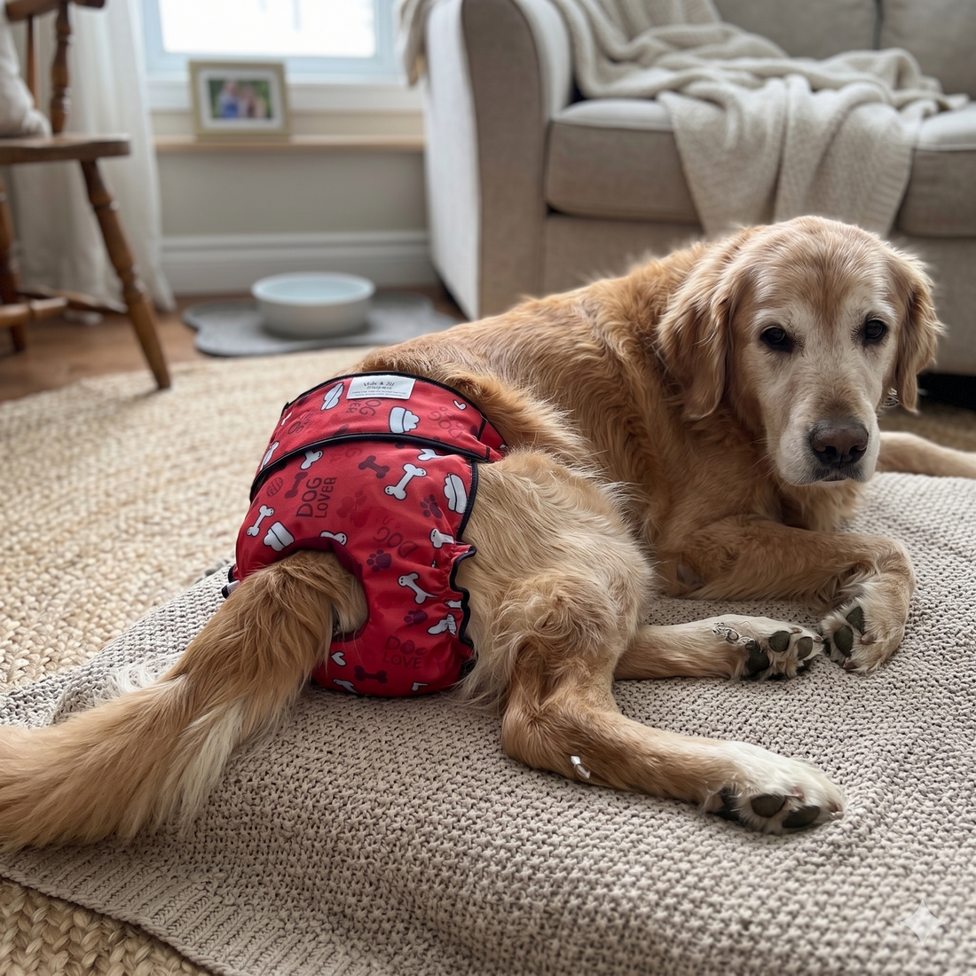 Senior dog wearing a Jack & Jill washable dog diaper