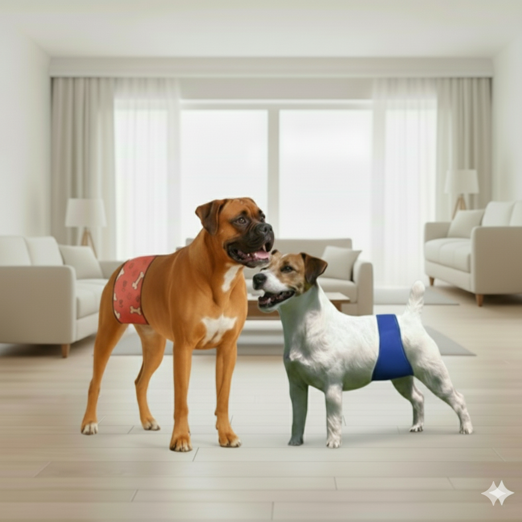 Two dogs wearing washable dog diapers - female diaper and male belly band styles