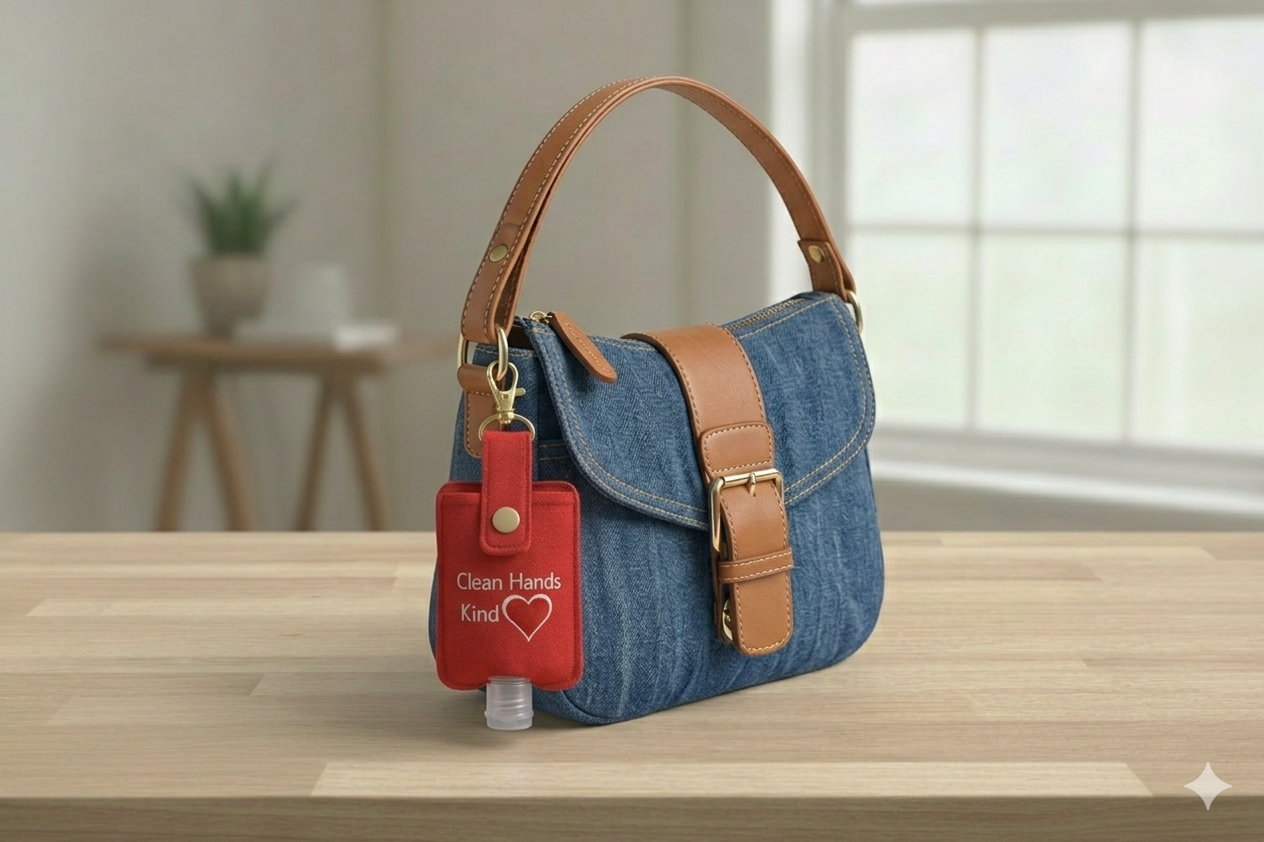 Red hand sanitizer holder with clip attached to denim handbag