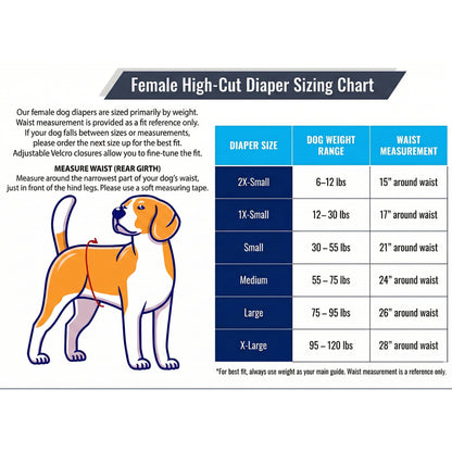 Female high-cut dog diaper sizing chart showing sizes 2X Small through X Large with dog weight range and waist measurements