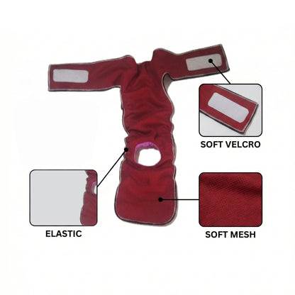 inside construction diagram: Inside view of high-cut washable female dog diaper showing soft mesh lining, elastic waistband, and soft velcro tabs labeled