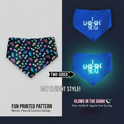 Glow in the Dark Snap-On Dog Bandana - I WOOF YOU