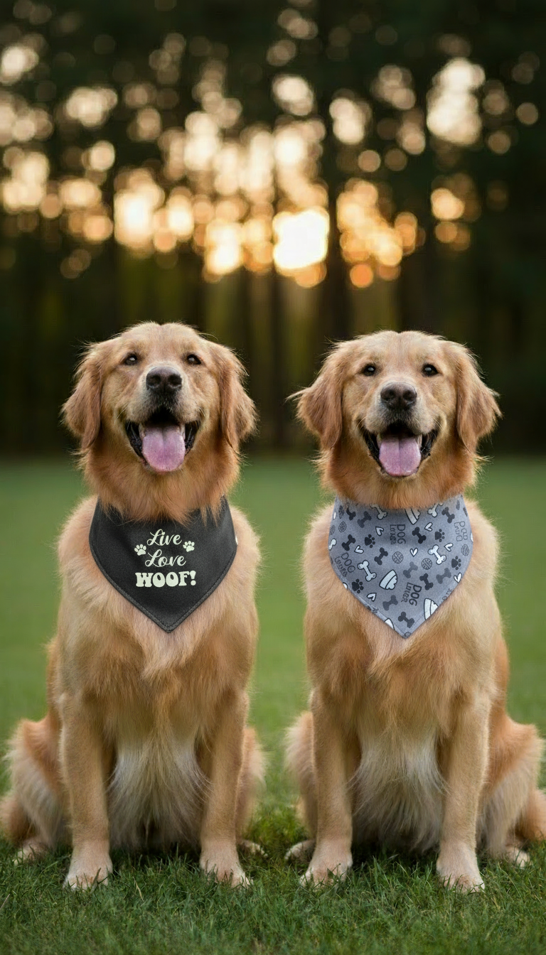 Golden retrievers with black and gray bandanas