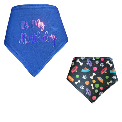 Reversible dog bandana — playful print on one side, solid red with 'It's My Birthday' saying on the other, snap-on water resistant