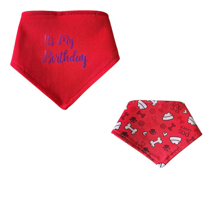 Reversible dog bandana — red bones print on one side, solid red with 'It's My Birthday' saying on the other, snap-on water resistant