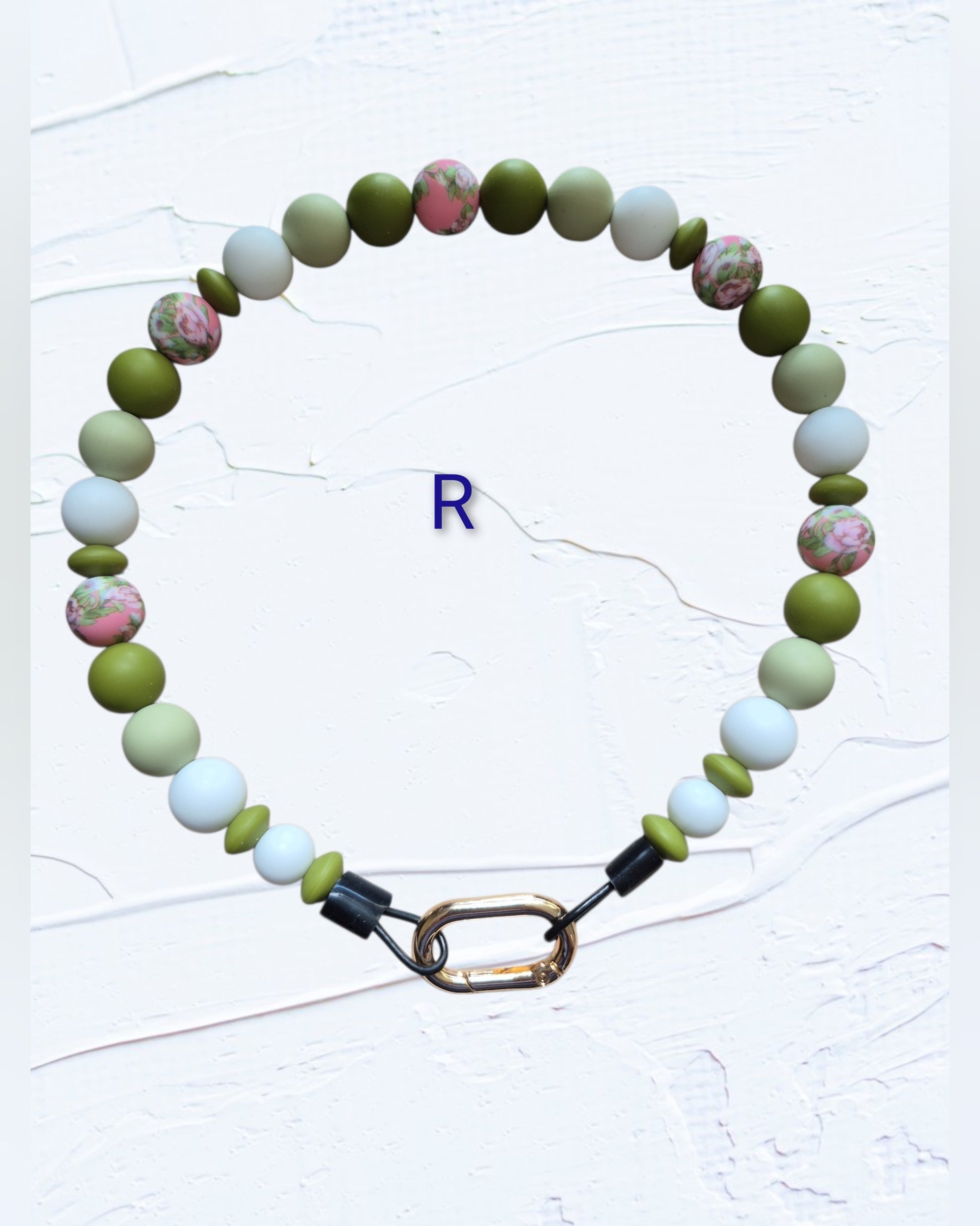 olive green, sage, white and pink floral accent beads with gold O-ring clasp