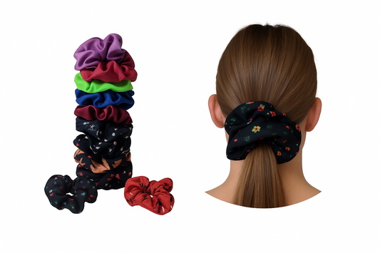 Assorted waterproof hair scrunchies in various pet-themed prints and solid colors, featuring a stack of patterns including floral and dog graphics next to a black floral scrunchie shown in a ponytail.