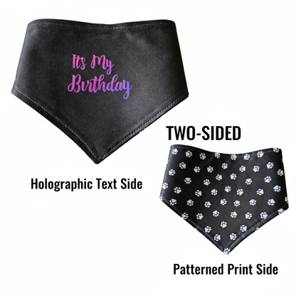 Two-sided black birthday bandana with text labels