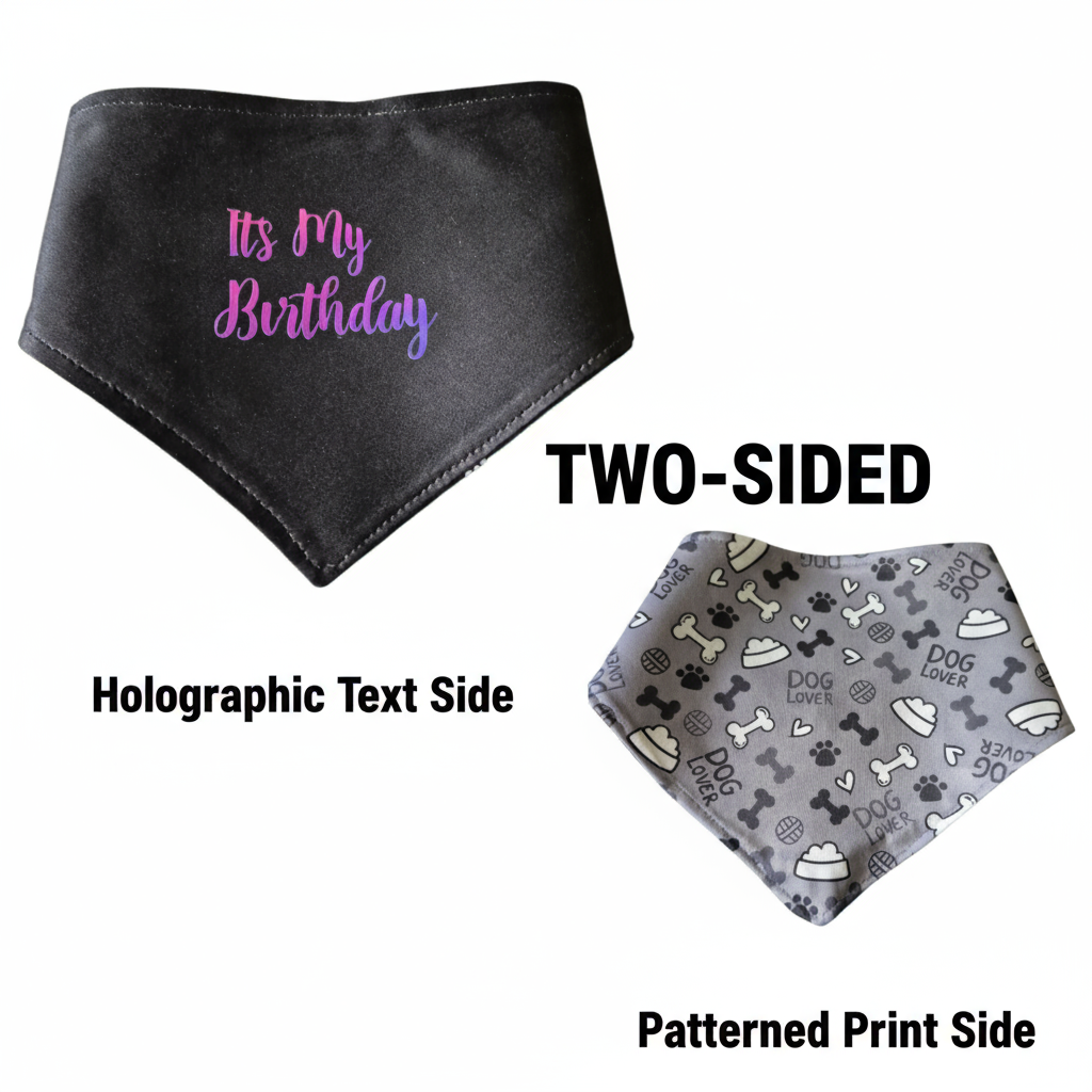 Two-sided dog lover birthday bandana with text labels