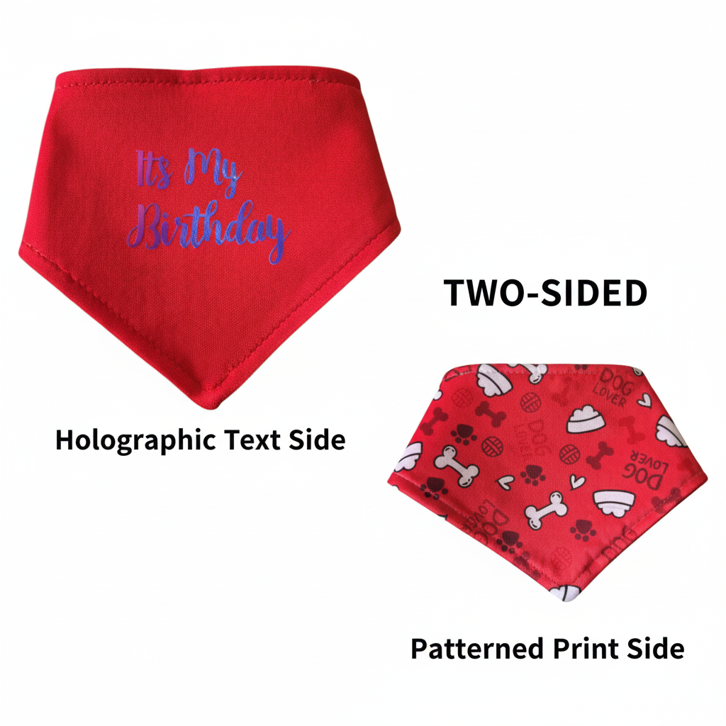 Two-sided dog-themed birthday bandana with text labels